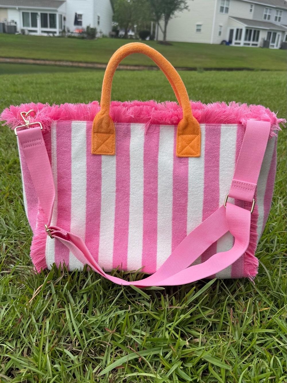 Pink Stripe Tote Bag with Orange Handles
